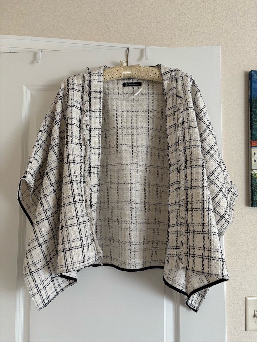 INC International Concepts Cream & Black Checked Open-Front Poncho
